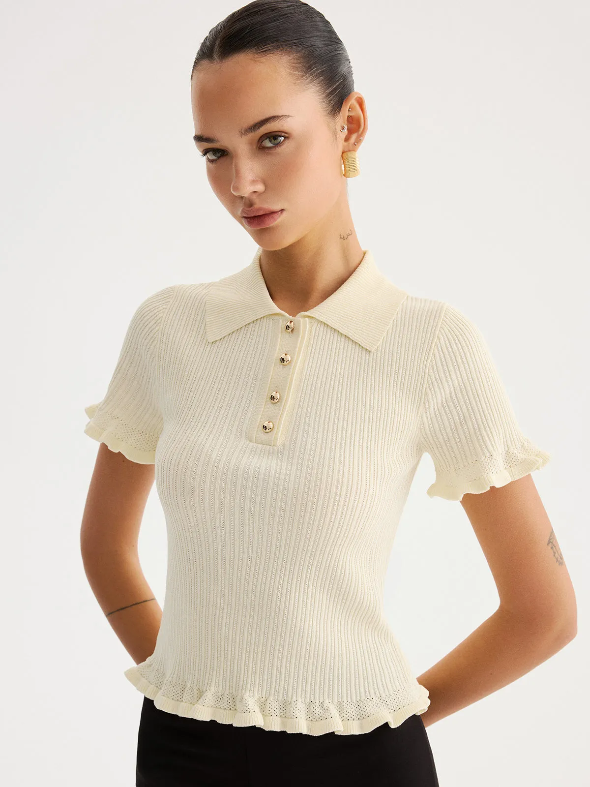 Ruffled Collared Ribbed Knit Top sold by COMMENSE product image thumbnail 2