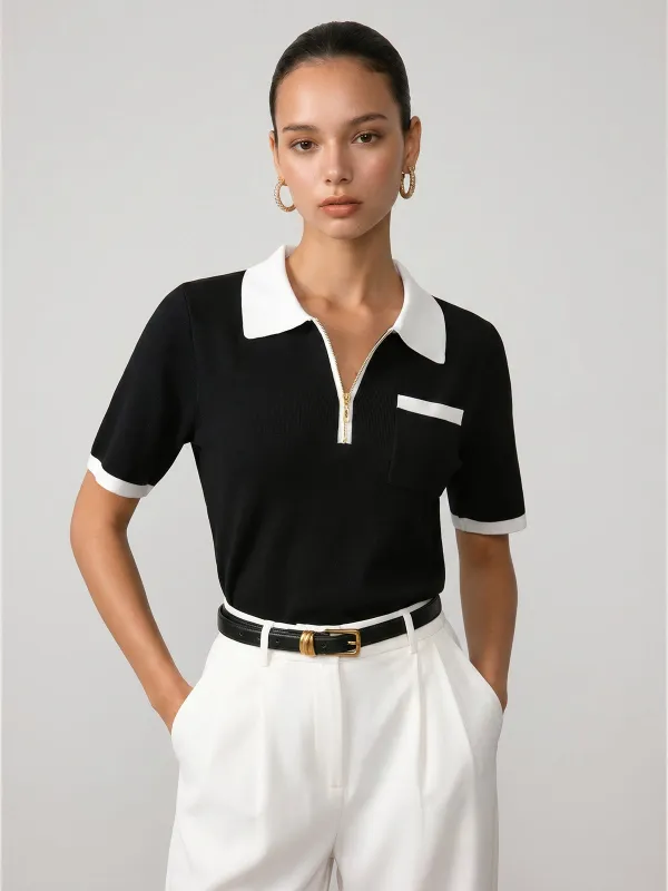 Short Sleeve Zipper Collar Knitted Polo Top made by COMMENSE