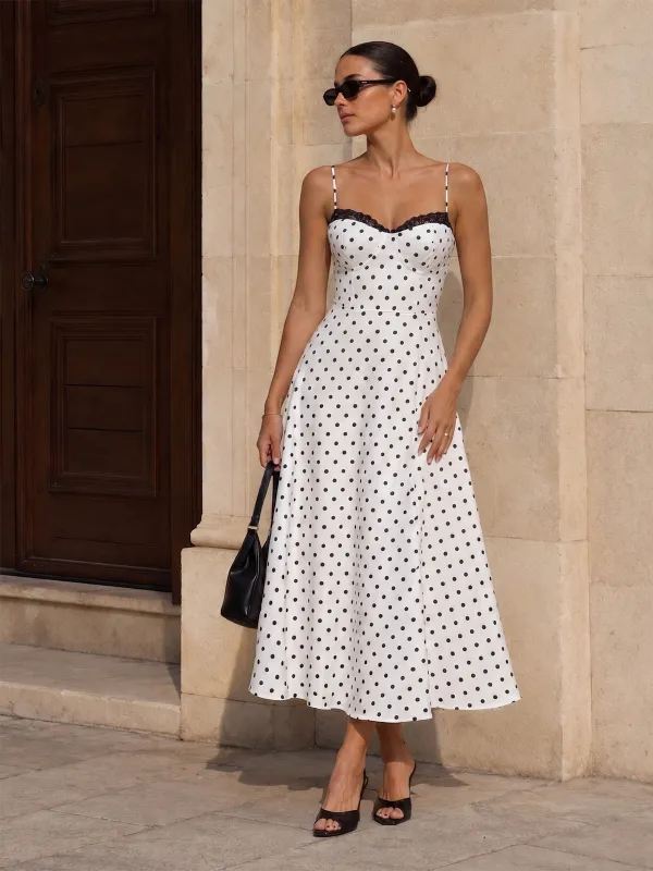 Polka Dot Lace Trim Cami Maxi Dress made by COMMENSE