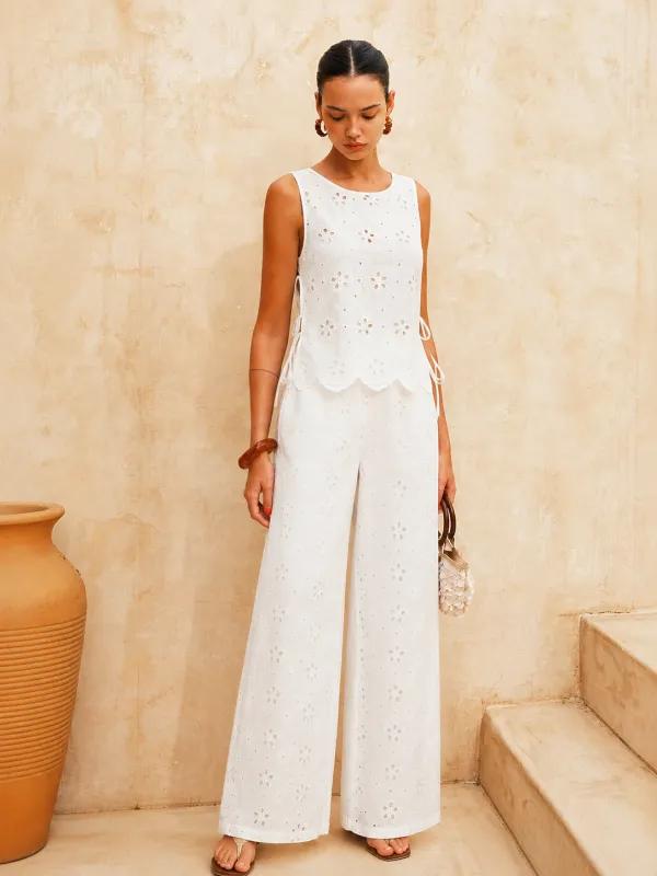 Eyelet Embroidery Two Piece Pants Set made by COMMENSE