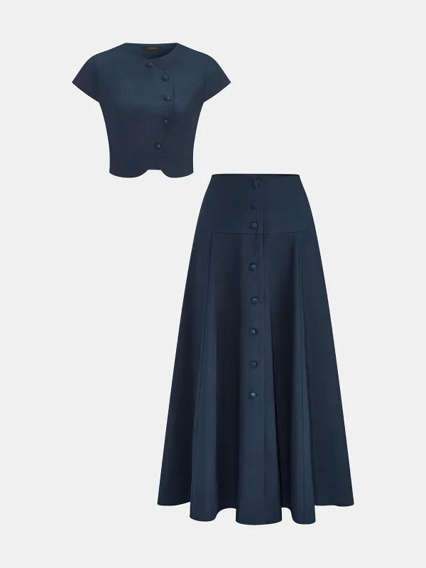 Cotton Linen Button-Front Blouse & Skirt Set made by COMMENSE