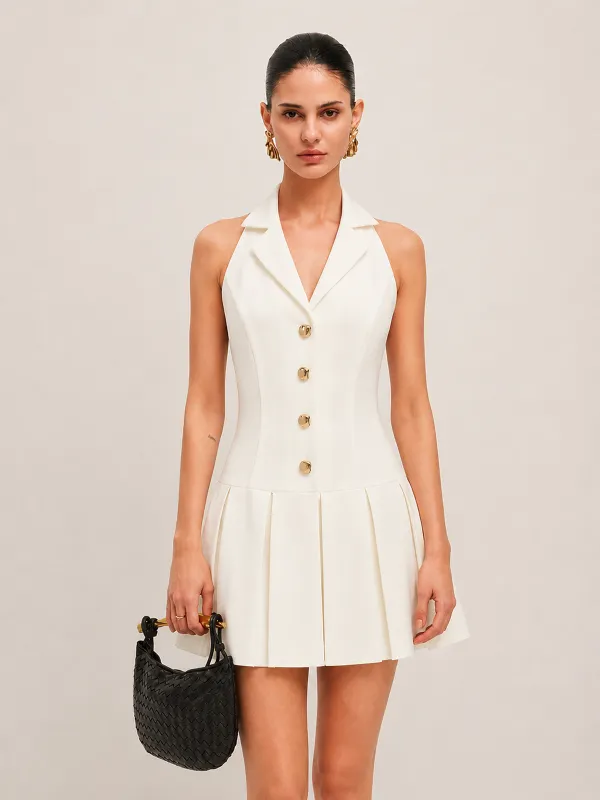 Metal Button Lapel Pleated Mini Dress made by COMMENSE