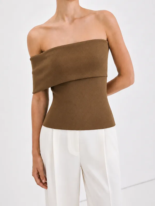 Asymmetric Off-Shoulder Knit Tube Top made by COMMENSE
