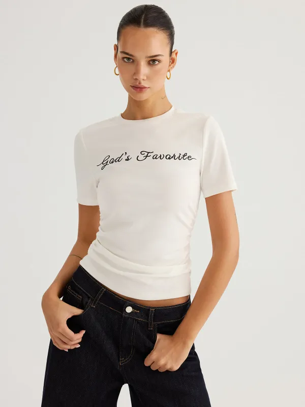 Letter pattern Short Sleeve Ruched T-Shirt made by COMMENSE