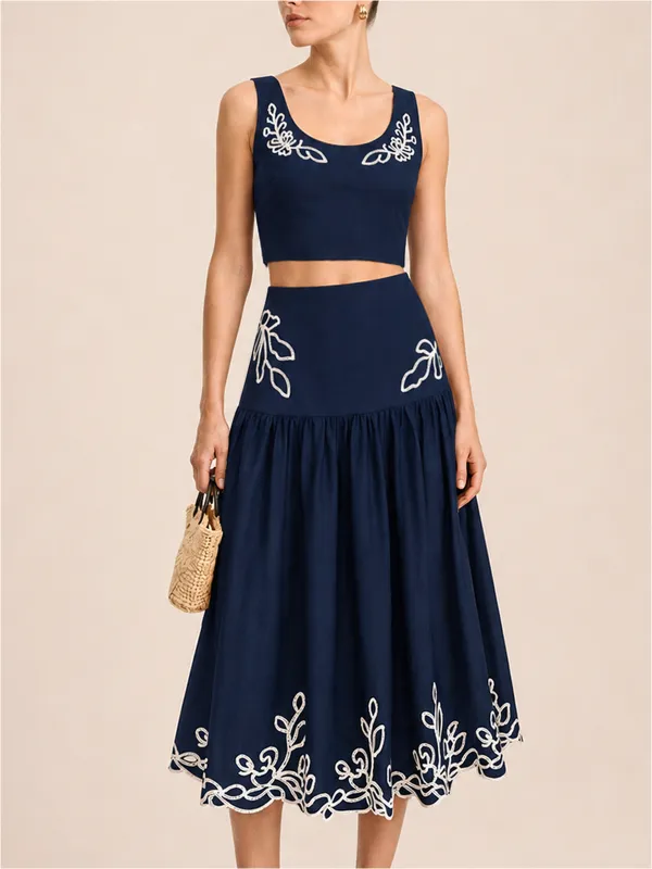Embroidered Cotton Linen Top & Midi Skirt Set made by COMMENSE
