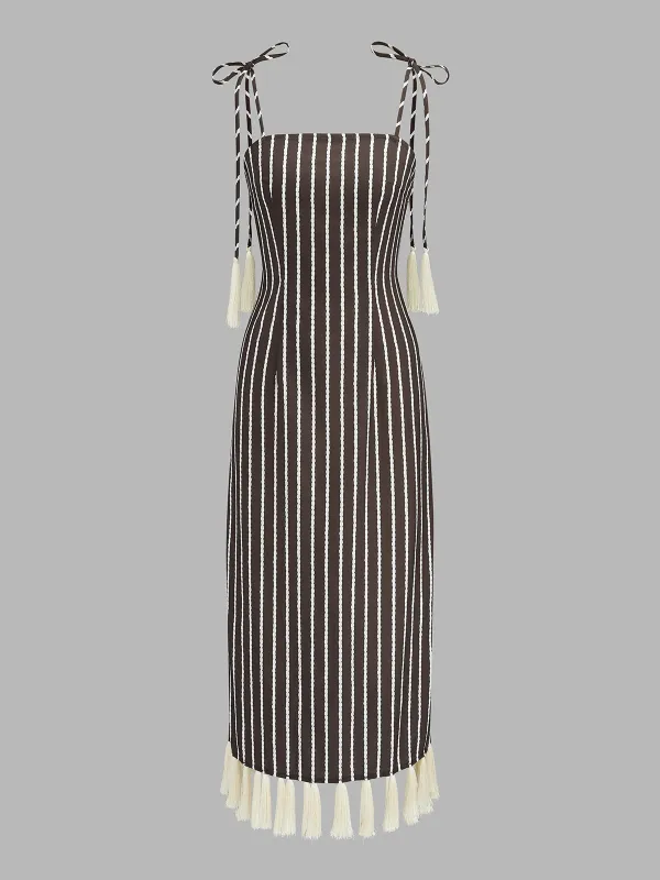 Striped Tassel Tie-Strap Midi Dress made by COMMENSE