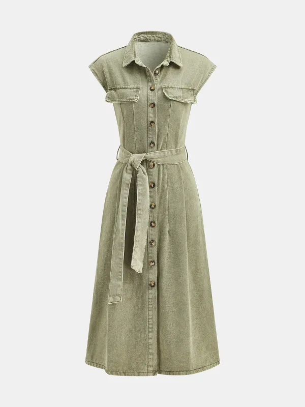 Belted Button Down Denim Shirt Dress made by COMMENSE