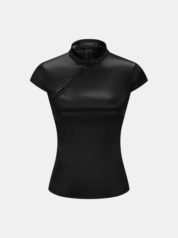 Mandarin Collar Fitted Satin Blouse made by COMMENSE
