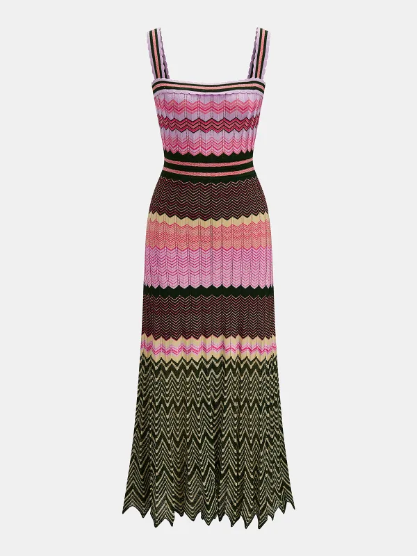 Square Neck Colorful Chevron Knit Midi Dress made by COMMENSE