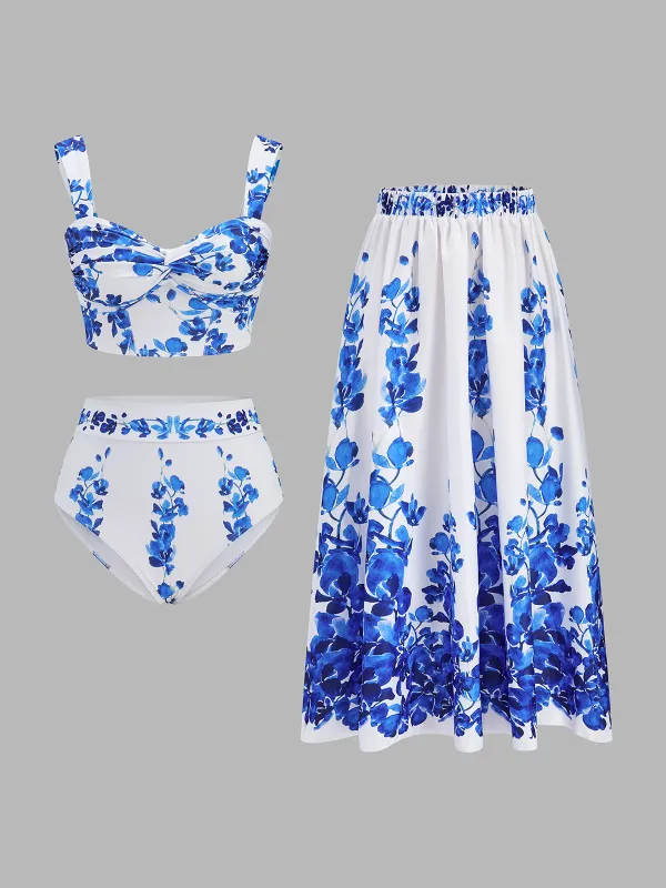 Floral Print Bikini Set with Skirt Cover Up made by COMMENSE