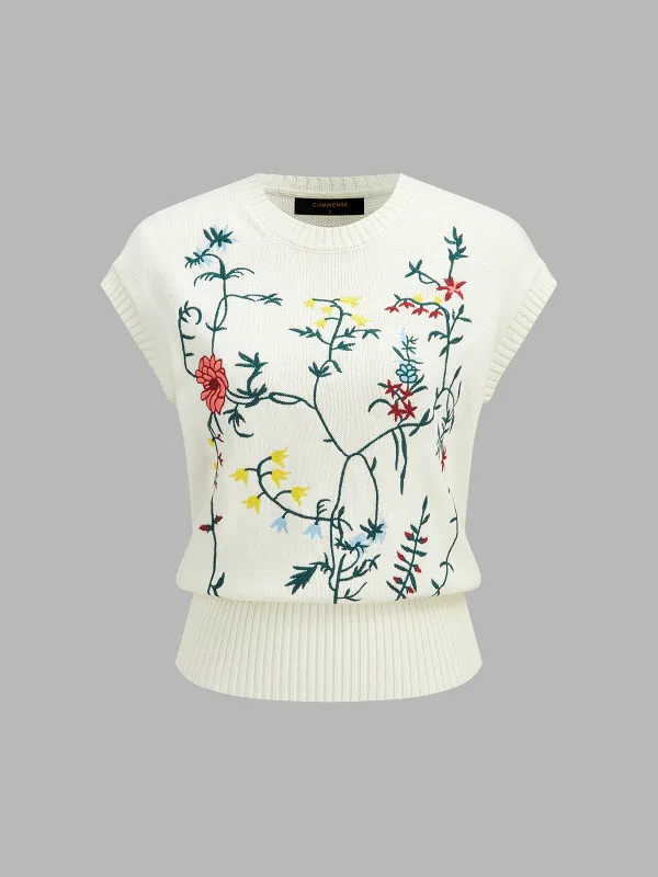 Floral Embroidered Sleeveless Knit Top made by COMMENSE