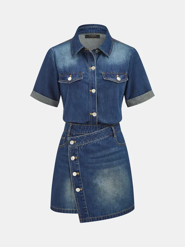 Short Sleeve Asymmetric Denim Shirt Dress made by COMMENSE