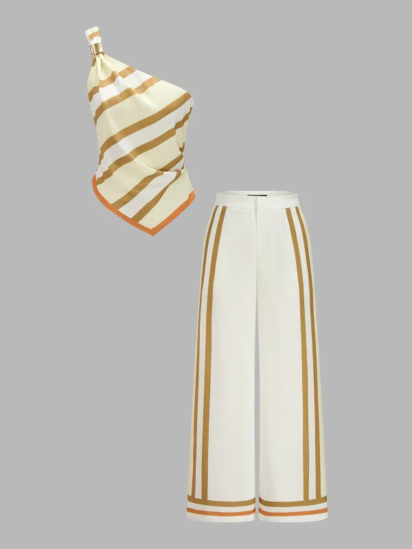 Striped One Shoulder Satin Top & Pants Set made by COMMENSE