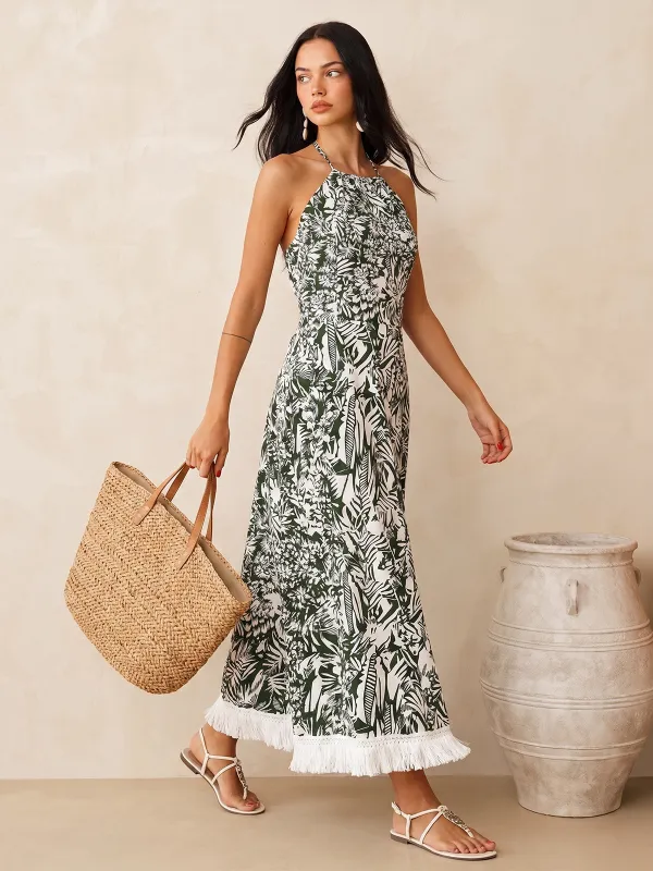 Fringe Hem Jungle Print Halter Maxi Dress made by COMMENSE