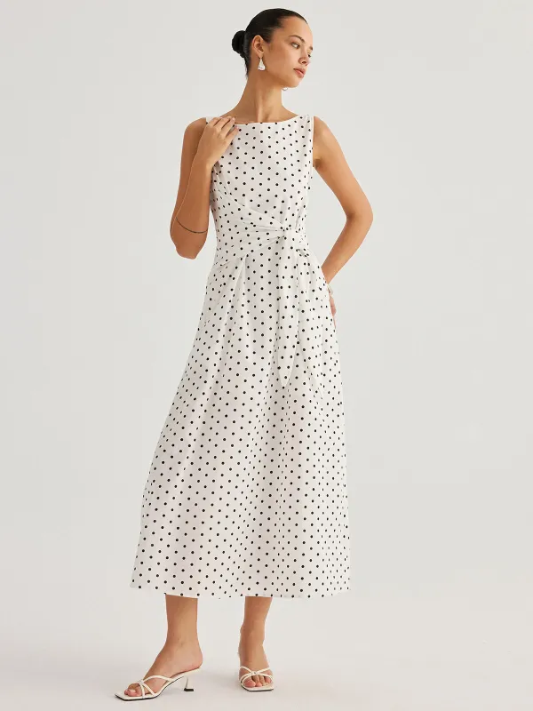 Polka Dot Tie Waist Cotton Linen Maxi Dress made by COMMENSE