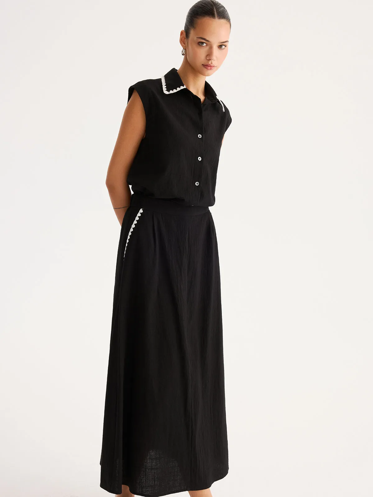 Cotton Embroidered Trim Shirt & Maxi Skirt Set sold by COMMENSE product image thumbnail 4