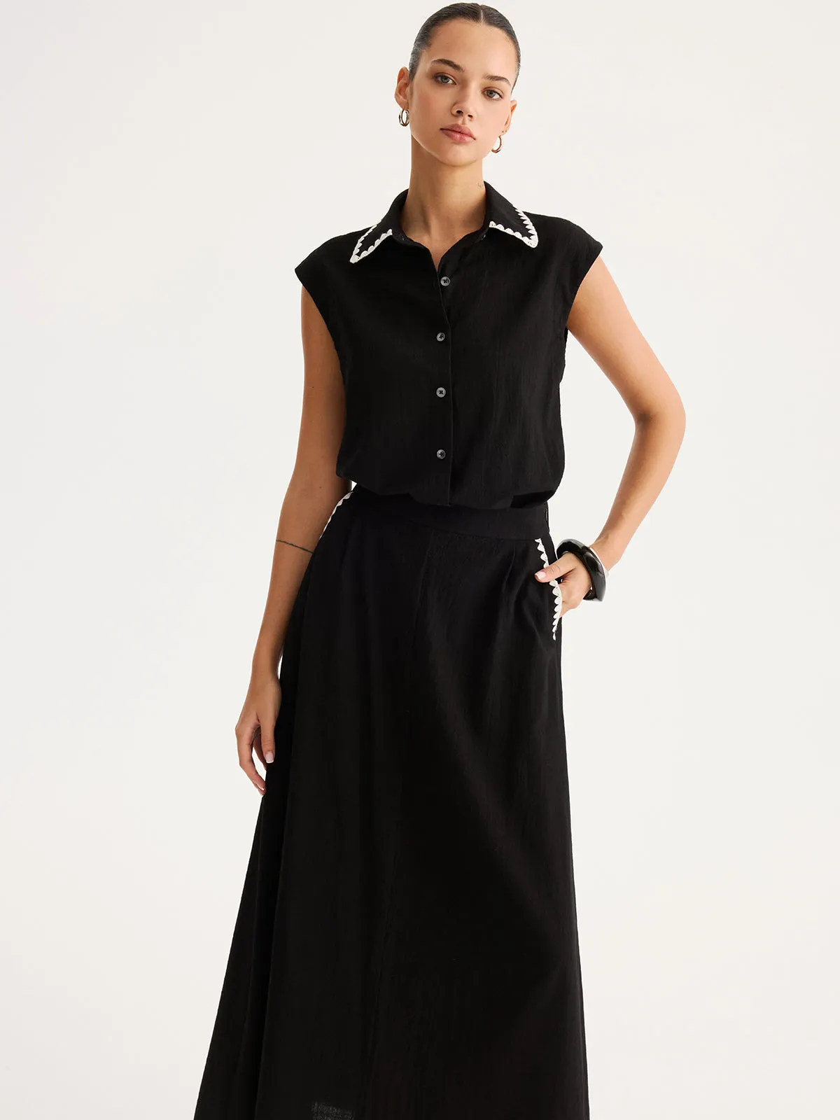 Cotton Embroidered Trim Shirt & Maxi Skirt Set sold by COMMENSE