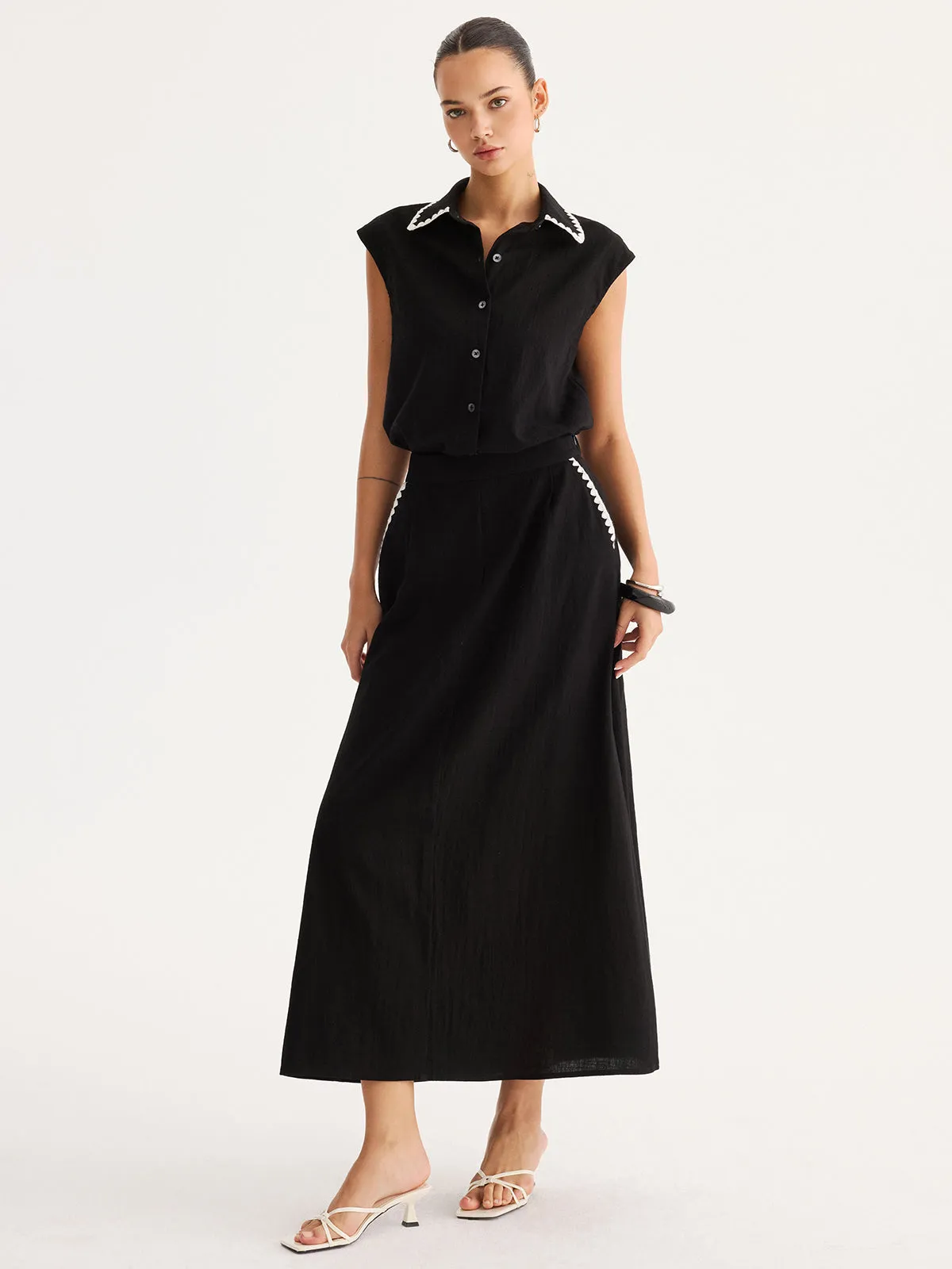 Cotton Embroidered Trim Shirt & Maxi Skirt Set sold by COMMENSE product image thumbnail 2