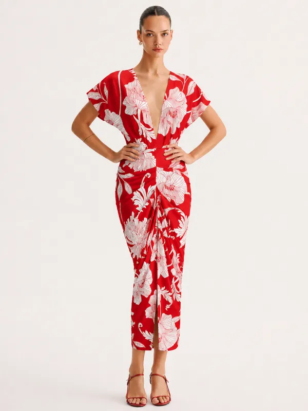 Floral Print Deep V Ruched Midi Dress made by COMMENSE