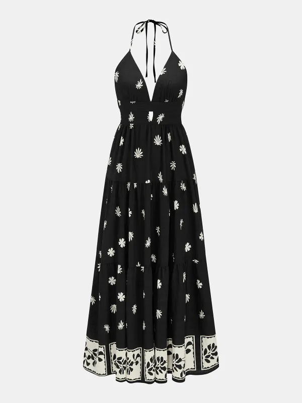 Border Print Halter V-Neck Tiered Maxi Dress made by COMMENSE