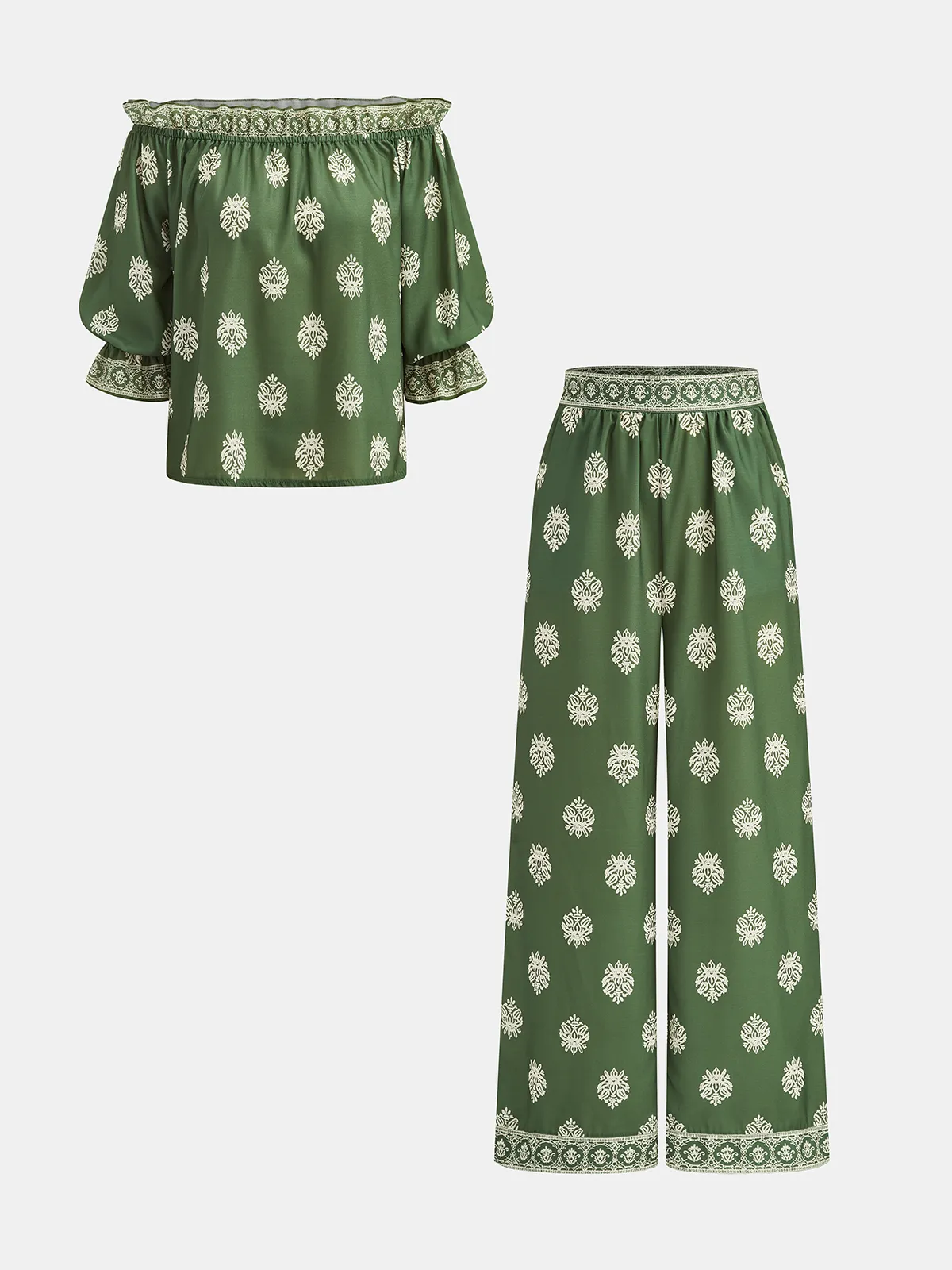 Border Print Off-Shoulder Top & Pants Set sold by COMMENSE product image thumbnail 2