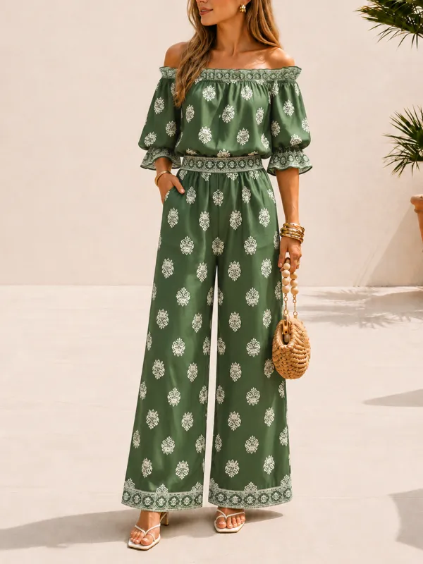 Border Print Off-Shoulder Top & Pants Set made by COMMENSE