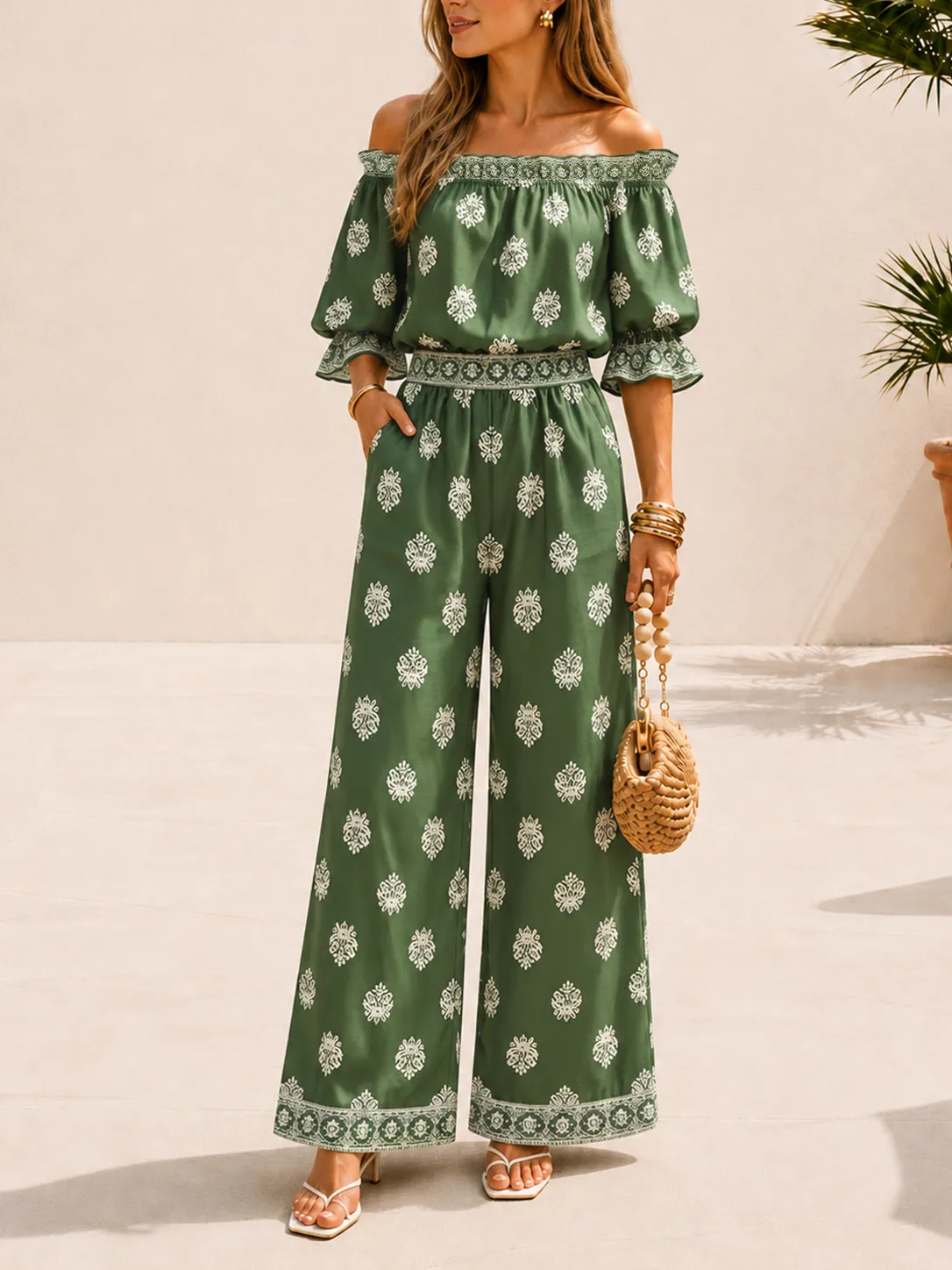 Border Print Off-Shoulder Top & Pants Set sold by COMMENSE