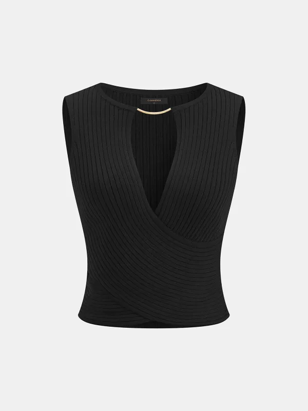 Metal Neckline Bar Ribbed Knit Tank Top made by COMMENSE