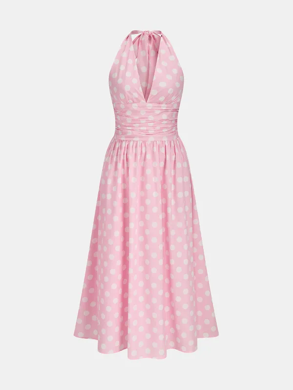 Polka Dot Halter Ruched Midi Dress made by COMMENSE