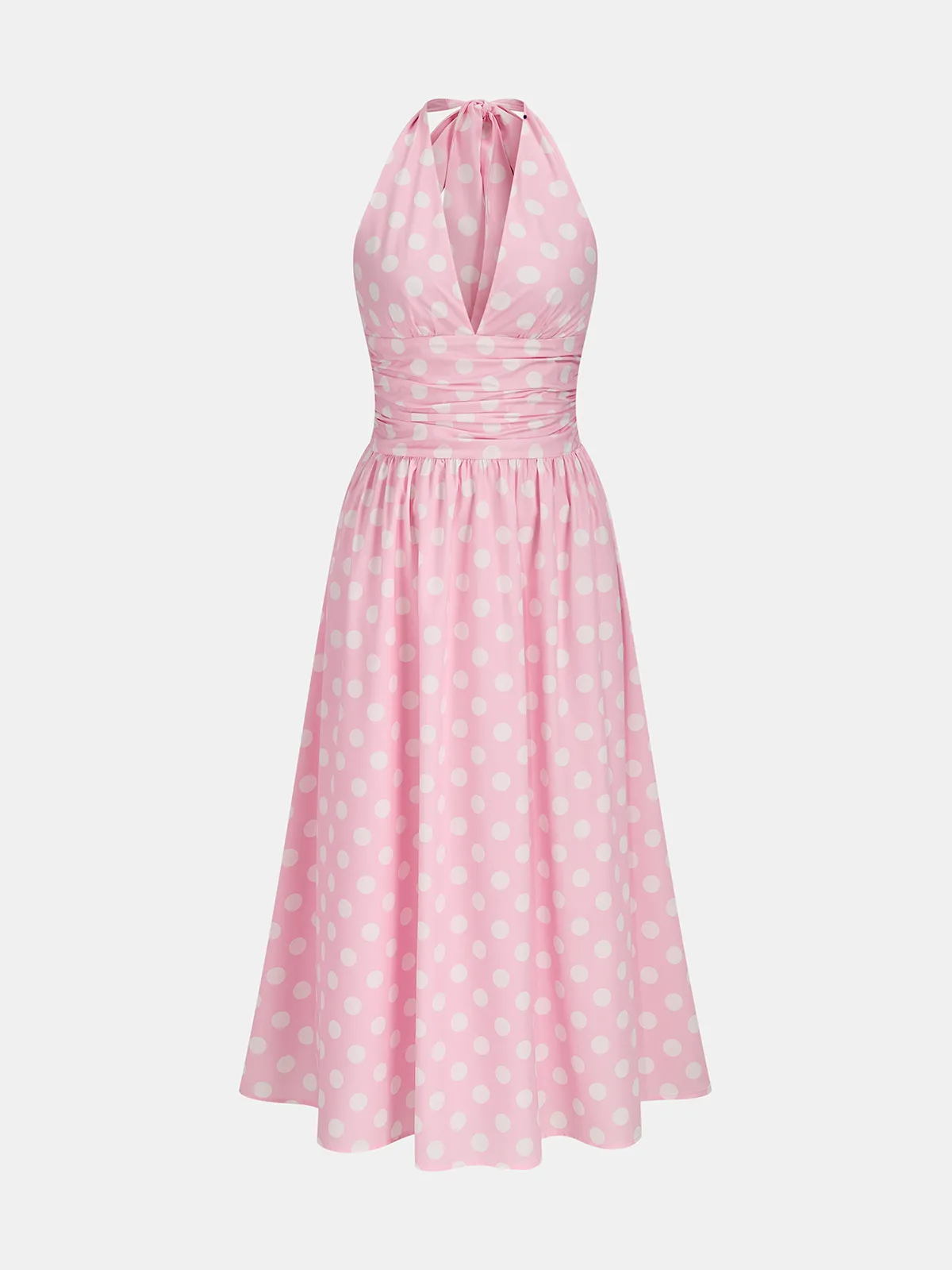 Polka Dot Halter Ruched Midi Dress sold by COMMENSE