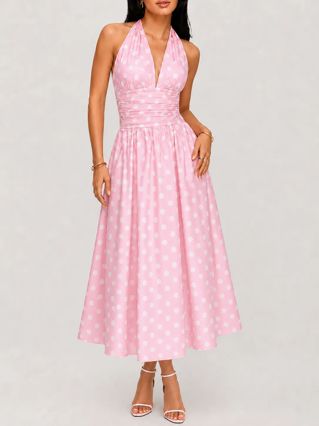 Polka Dot Halter Ruched Midi Dress sold by COMMENSE product image thumbnail 2
