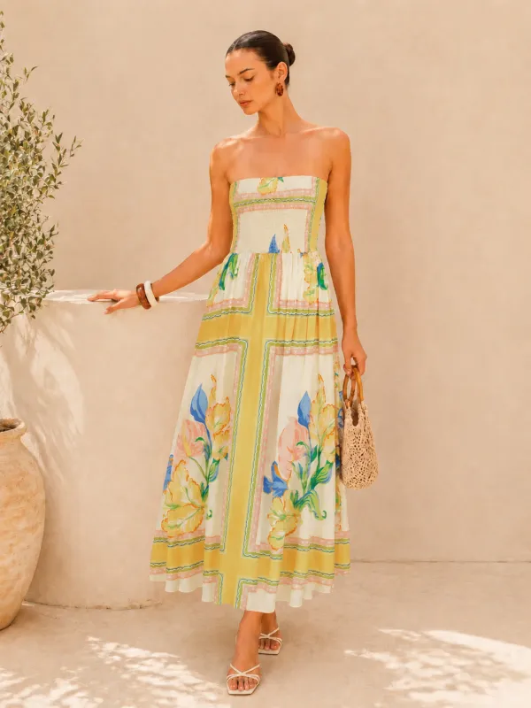 Smocked Bodice Strapless Floral Print Maxi Dress made by COMMENSE