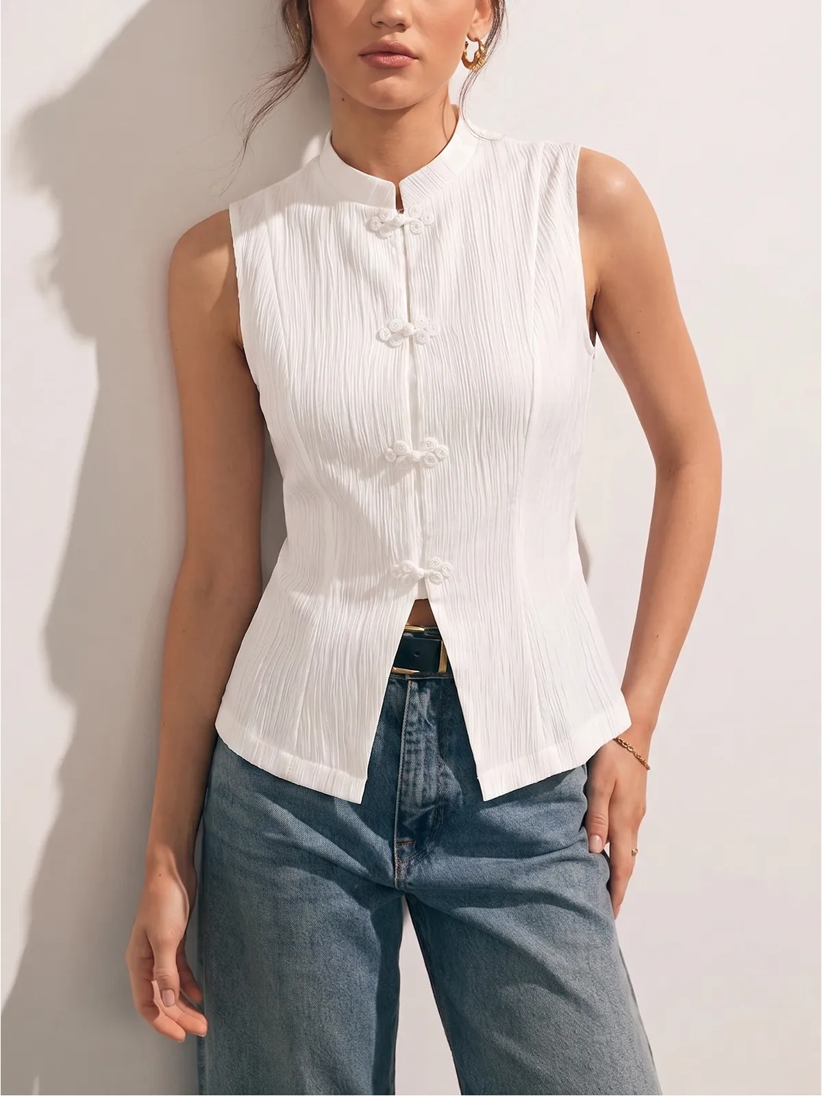 Mandarin Collar Frog Button Sleeveless Blouse sold by COMMENSE