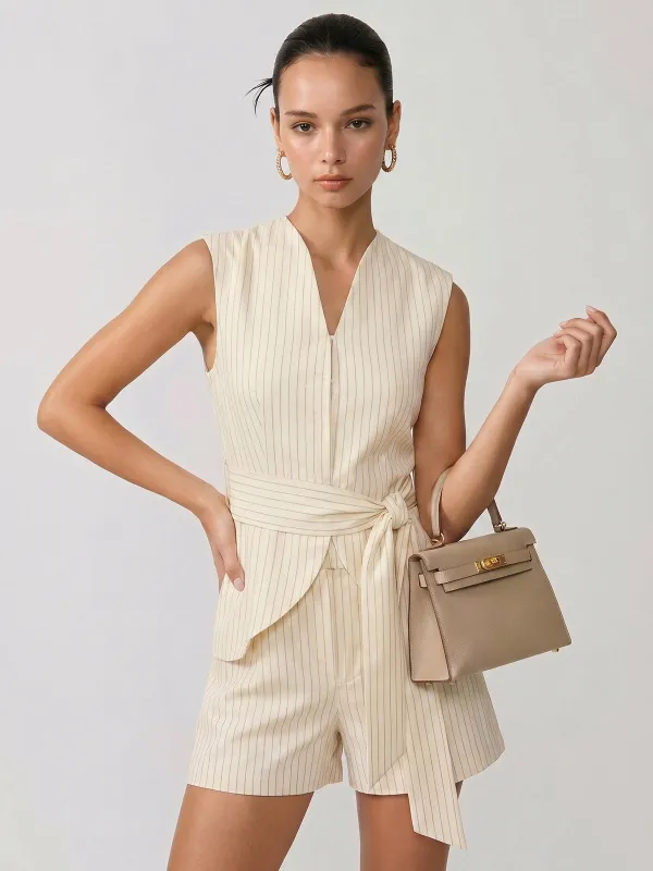 Striped Sleeveless Belted Top & Shorts Set made by COMMENSE