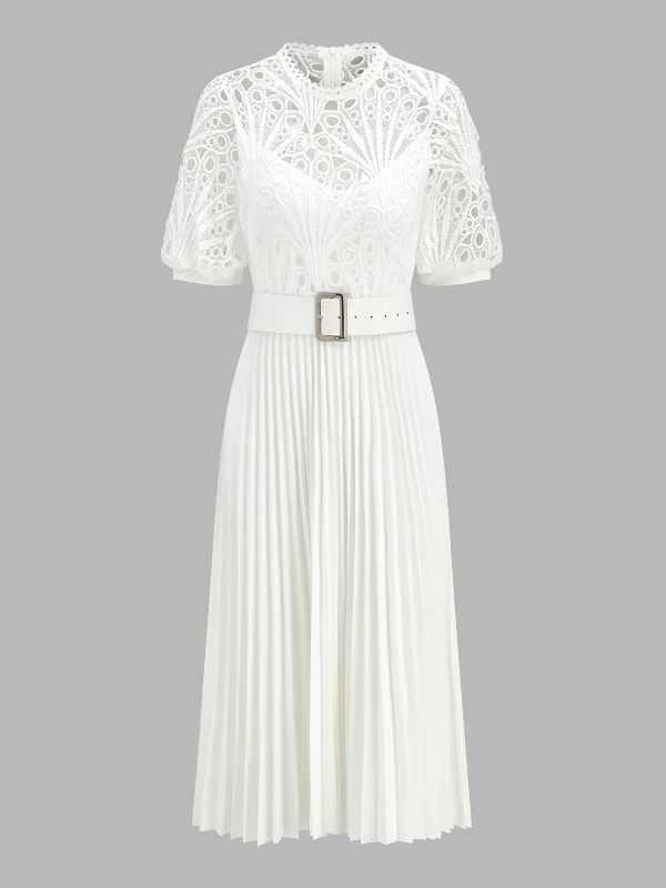 Lace Short Sleeve Pleated Belted Midi Dress made by COMMENSE