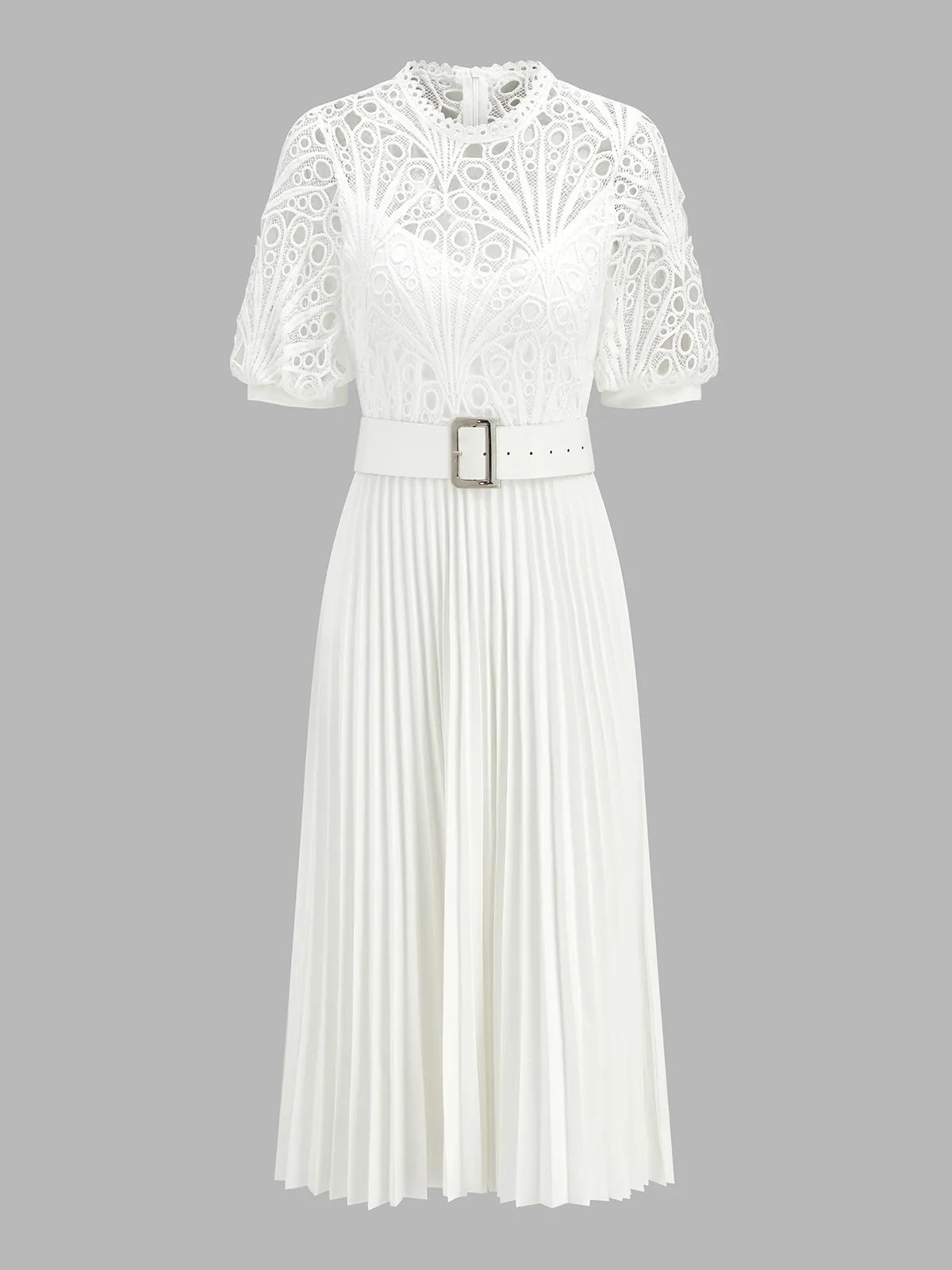 Lace Short Sleeve Pleated Belted Midi Dress sold by COMMENSE