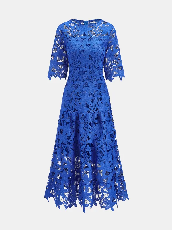 Guipure Lace Elbow Sleeve Midi Dress made by COMMENSE