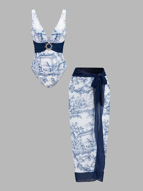 Printed One Piece Swimsuit & Sarong Set made by COMMENSE