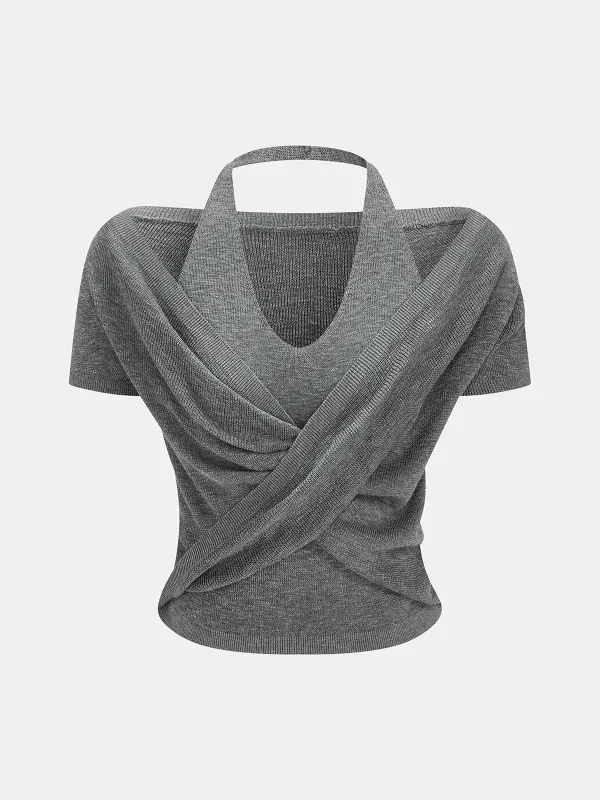 Crisscross Wrap Halter Neck Knit Top made by COMMENSE