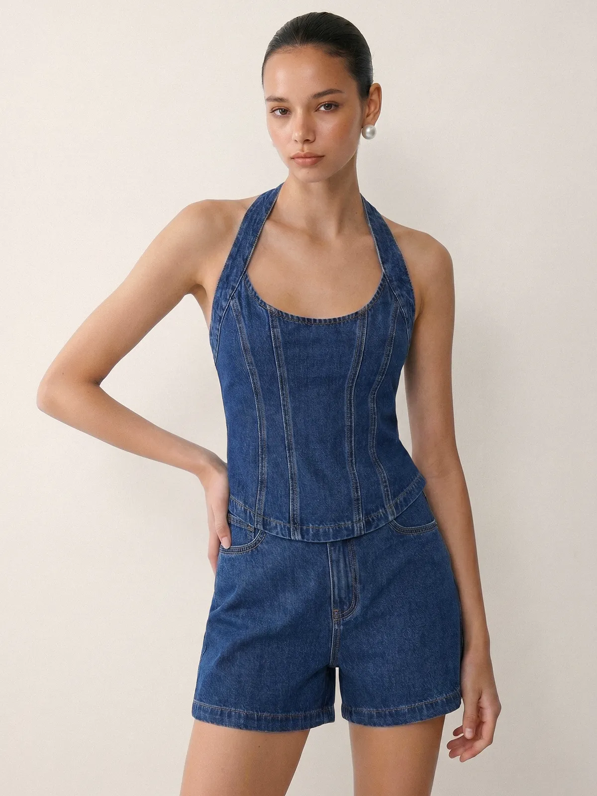 Denim Halter Top & Shorts Set sold by COMMENSE