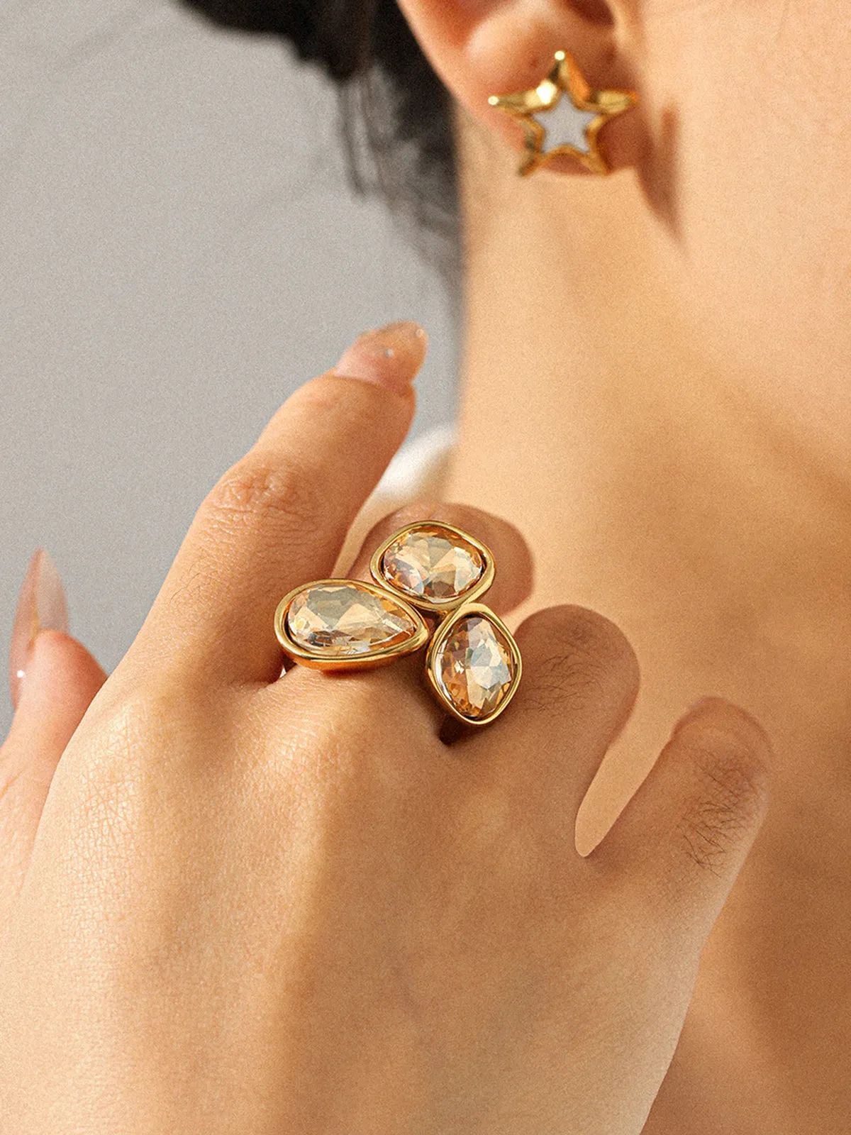 Three Stone Crystal Statement Ring sold by COMMENSE