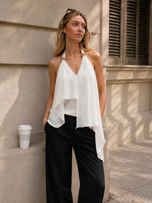 Metal Decor Asymmetric Flowy Halter Top made by COMMENSE