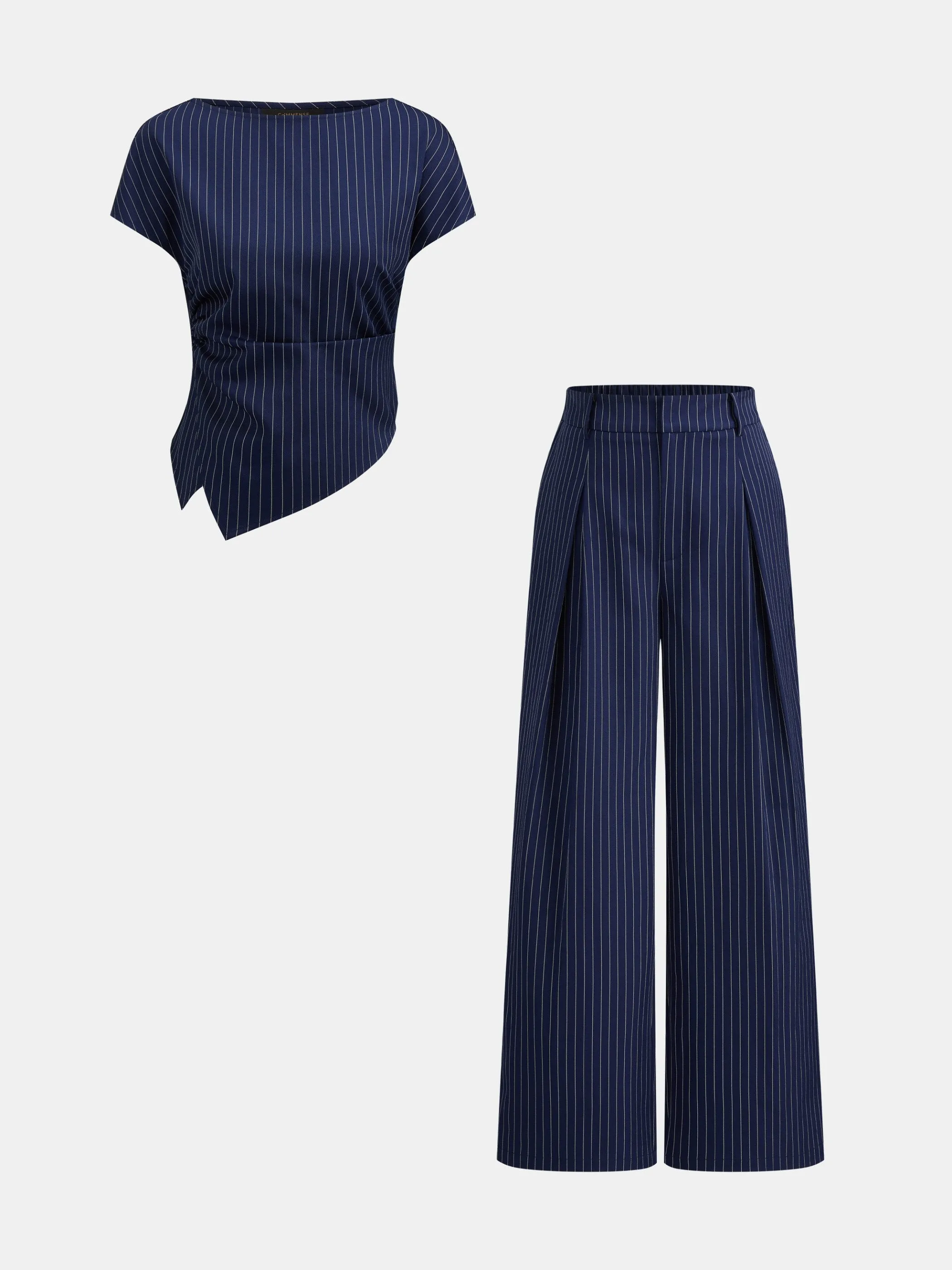Asymmetric Pinstripe Top & Pleated Pants Set sold by COMMENSE product image thumbnail 2