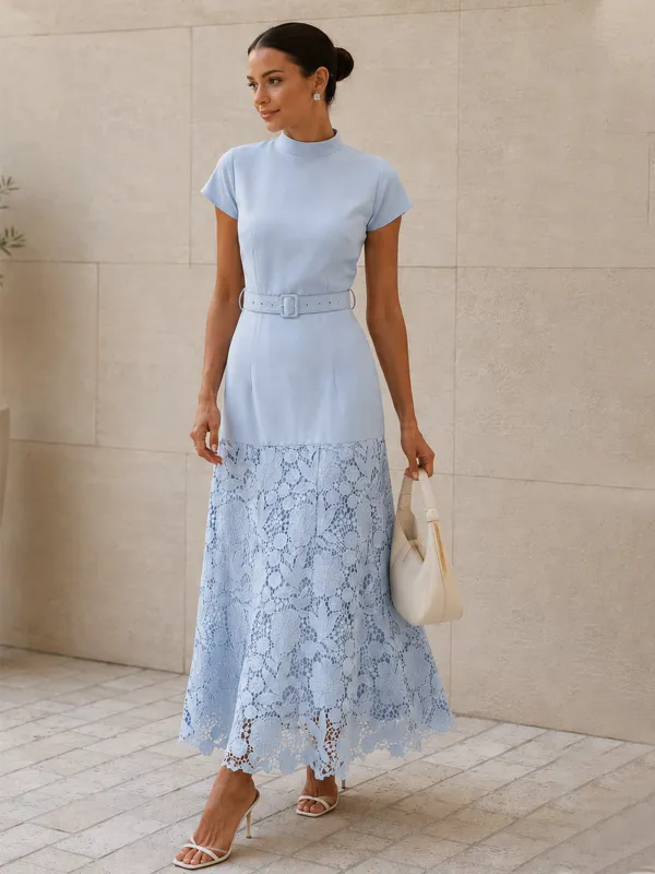 Belted Short Sleeve Lace Hem Midi Dress made by COMMENSE