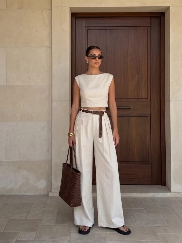 Linen-Blend Crop Top & Belted Pleated Pants Set made by COMMENSE