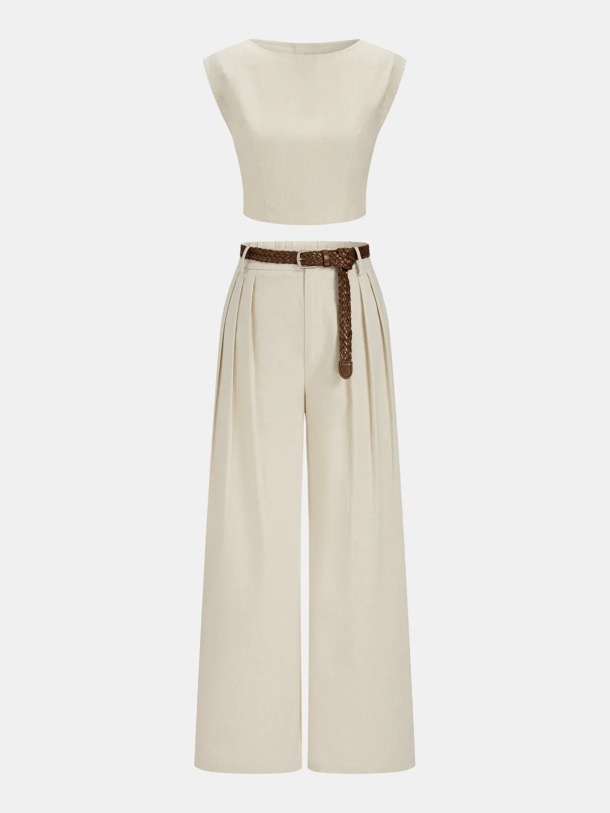 Linen-Blend Crop Top & Belted Pleated Pants Set sold by COMMENSE product image thumbnail 2