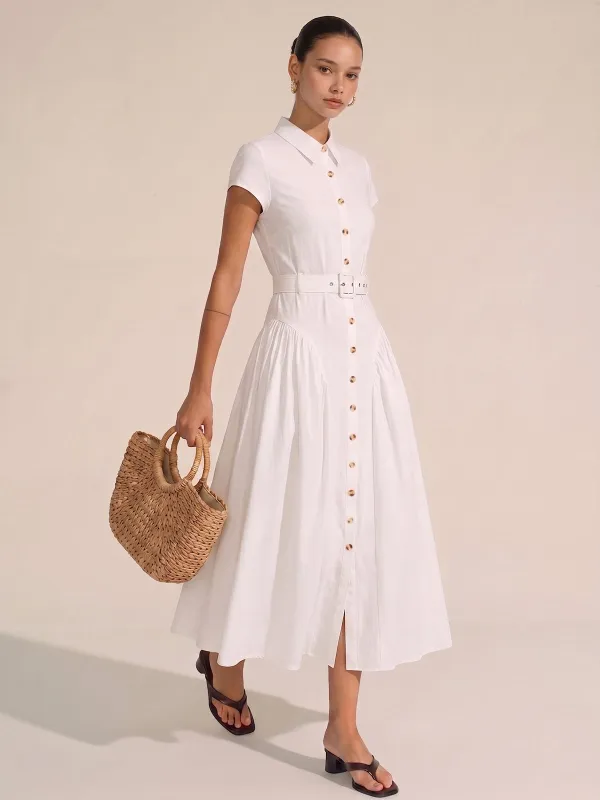 Belted Button Short Sleeve Maxi Shirt Dress made by COMMENSE