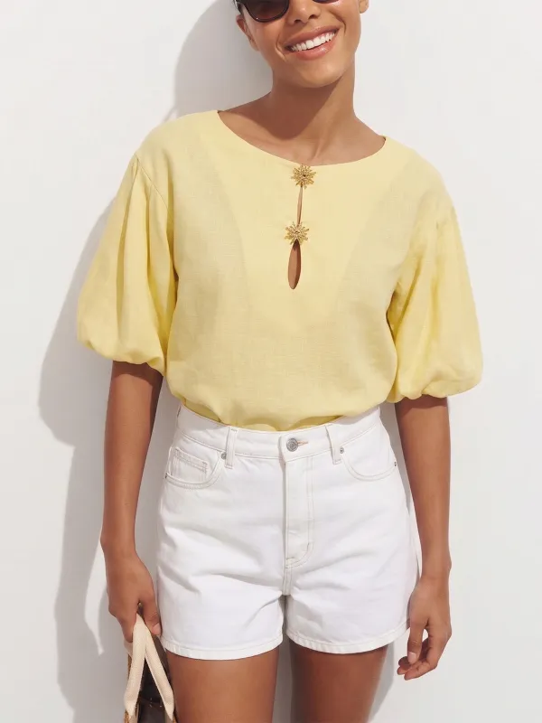 Keyhole Puff Sleeve Tencel Linen Blend Blouse made by COMMENSE