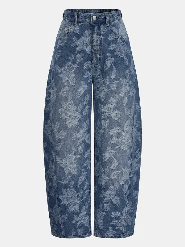 Leaf Jacquard Curved Barrel Leg Jeans made by COMMENSE