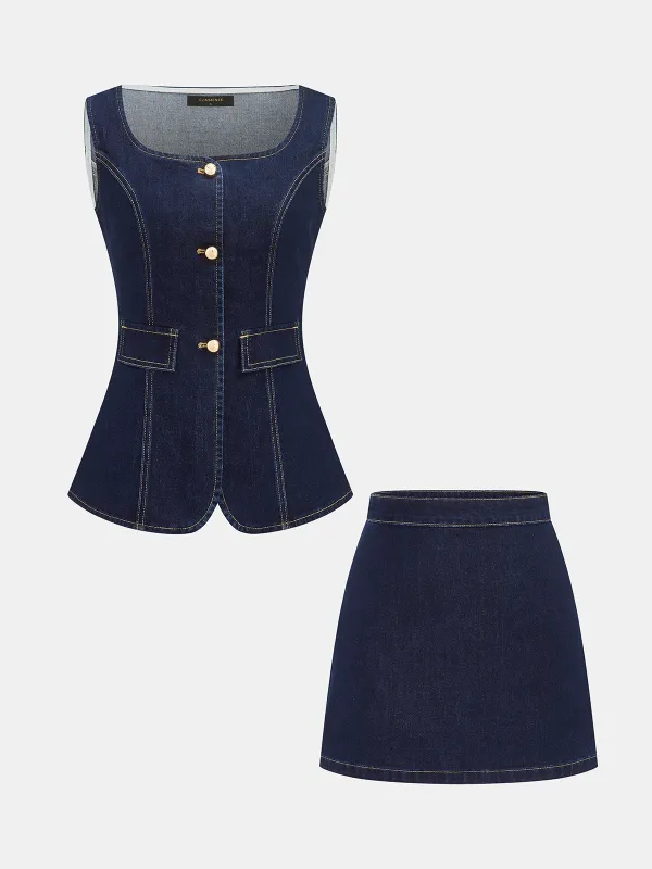 Denim Square-Neck Vest & Mini Skirt Set made by COMMENSE